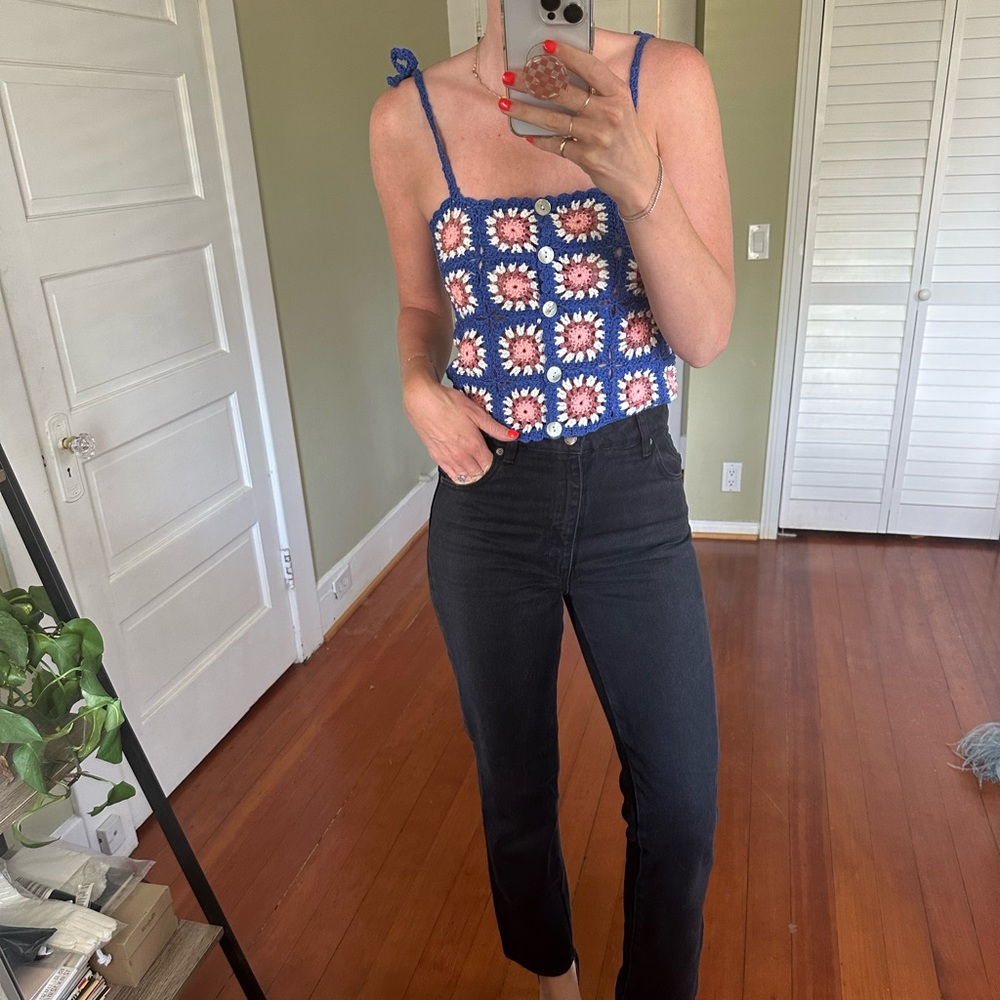 Handmade blue and pink crochet crop top S/M
